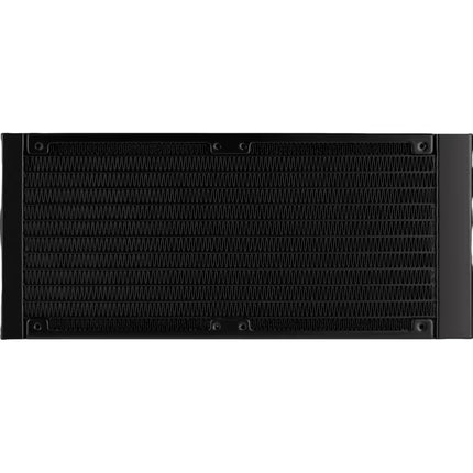 A black CPU liquid cooler radiator with a dense finned heat exchange surface, shown from the front against a solid white background.