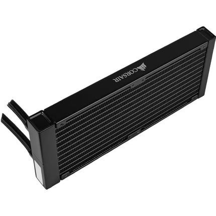 A black Corsair liquid CPU cooler radiator with a white printed logo, shown at an angle on a solid white background.