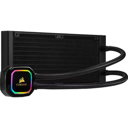Corsair liquid CPU cooler with a black radiator, black braided tubes, and a black pump head featuring an RGB rainbow LED ring and the gold Corsair logo.