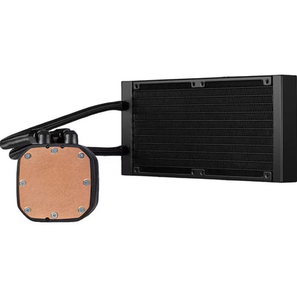 A black liquid CPU cooler with a large finned radiator and a separate pump block showing a copper heat sink, isolated on a white background.
