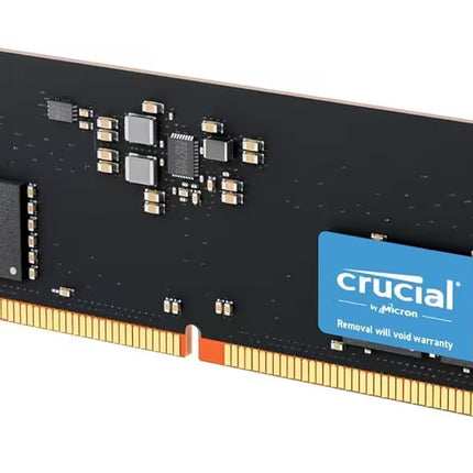 Crucial DDR5 RAM module with a black PCB, gold-plated RAM pins, four black memory chips, and a blue Crucial logo label on a white background.