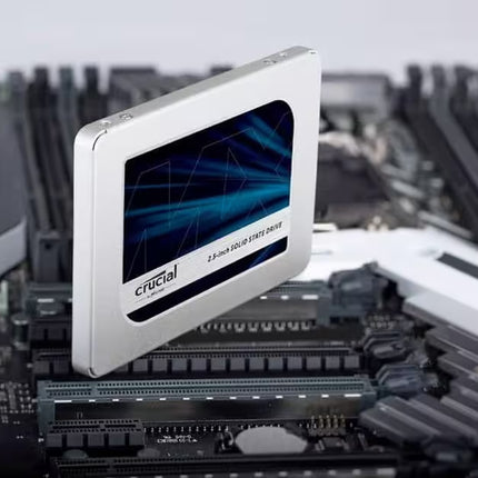 Crucial solid-state drive on a computer motherboard