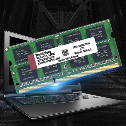 Computer memory module on a laptop with a dark background