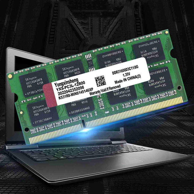 Computer memory module on a laptop with a dark background
