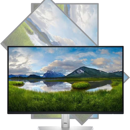 Monitor displaying a scenic landscape with mountains and a lake.