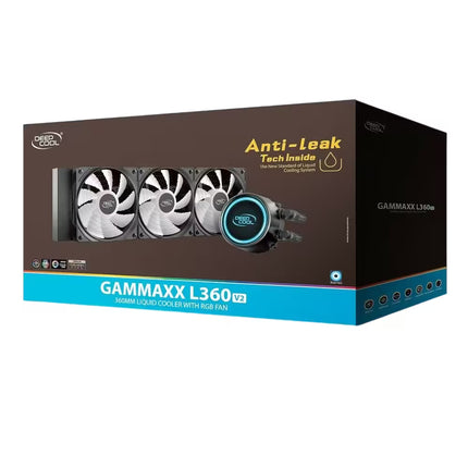 Cooler Master GAMMAXX L360 V2 360MM liquid cooler with RGB fan retail packaging box, featuring a dark brown and black design with a bright blue accent band and product imagery of the radiator and fans.