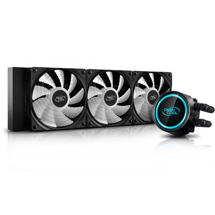 A 3-fan liquid CPU cooler with a black radiator and silver fans, shown alongside a black pump head with a blue LED ring and the PEP COOL logo.