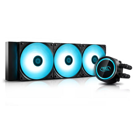 A 3-fan liquid CPU cooler with glowing blue LED fans and a matching CPU radiator pump head, shown on a clean white background.