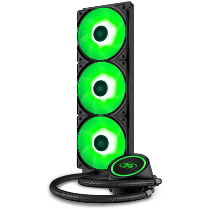 A black 3-fan liquid CPU cooler with vibrant green LED fans and a matching black pump head, shown on a solid white background.