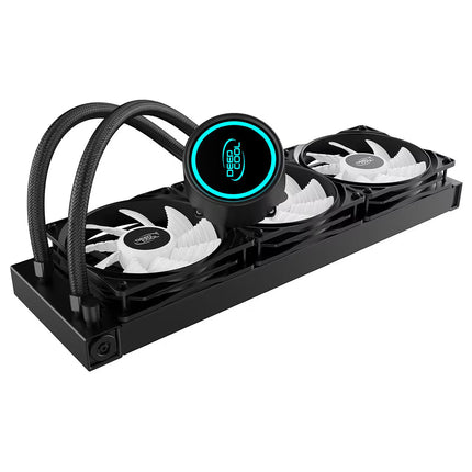 A 3-fan liquid CPU cooler with a black aluminum radiator, black braided tubes, and white fans featuring a glowing cyan LED ring and a visible DeepCool logo.