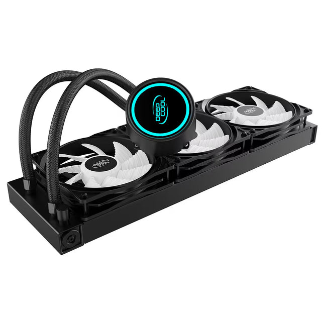 A 3-fan liquid CPU cooler with a black aluminum radiator, black braided tubes, and white fans featuring a glowing cyan LED ring and a visible DeepCool logo.
