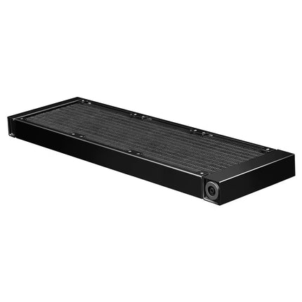 A black rectangular metal heatsink or radiator with a dense mesh surface and a circular port on one end, shown on a plain white background.