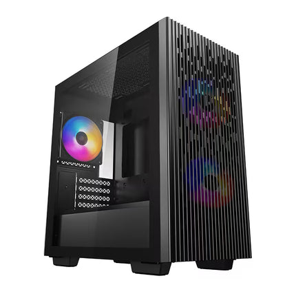 A black gaming computer tower with a textured front panel, side glass panel, and dual RGB fans, shown on a plain white background.