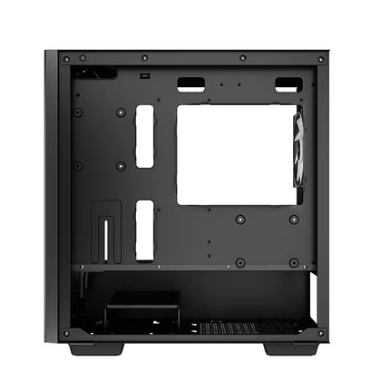 A black empty computer case interior or side panel view, shown from the front against a plain white background.