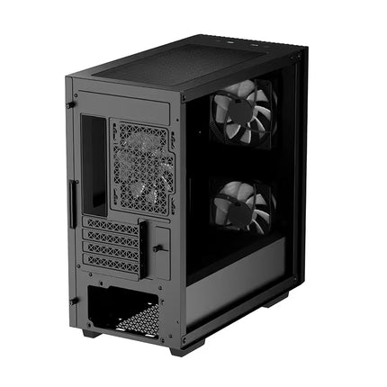 A black computer case with a side glass panel, dual front fans, and a front drive bay, shown from a three-quarters angle on a white background.