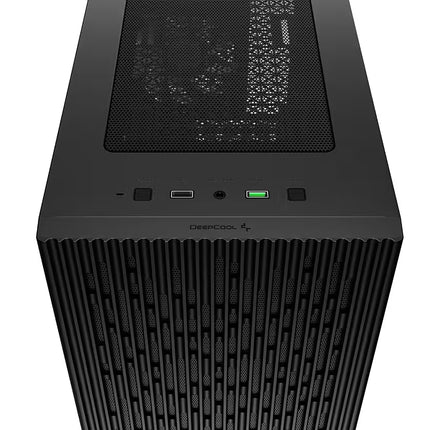 A black desktop computer tower case with a textured front panel, a mesh top panel, and a small green LED light, shown on a plain white background.
