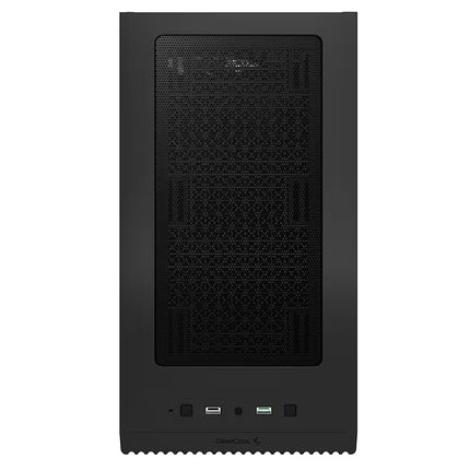 A black computer tower case shown from the front against a plain white background.
