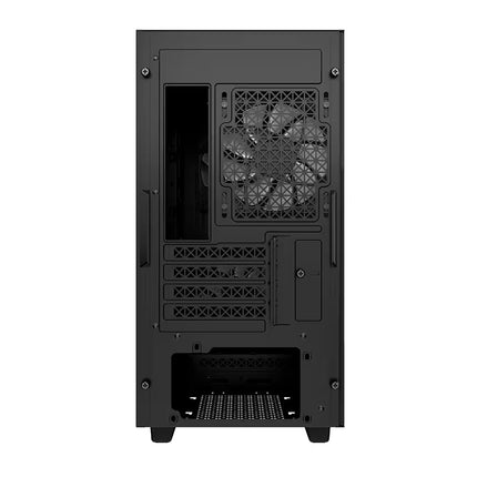 A black computer case shown from the rear, featuring a large tempered glass side panel with a fan, a front I/O panel, and a drive bay, isolated on a white background.