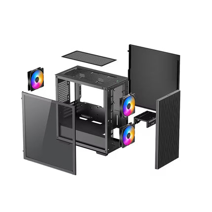 A black computer case shown in an exploded assembly view on a plain white background, with side panels, front and rear doors, a top panel, and three RGB fan components floating around the interior frame.