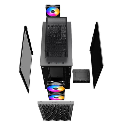 A black computer tower chassis shown from an overhead angle with several removable parts and accessories arranged around it on a plain white background, including side panels, a top-mounted display, a front grille, and colorful RGB fan-like accents.