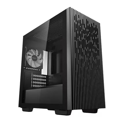A black computer tower case with a textured vertical ribbed front panel, a clear side glass window showing a fan, and a glass front panel, shown on a plain white background.