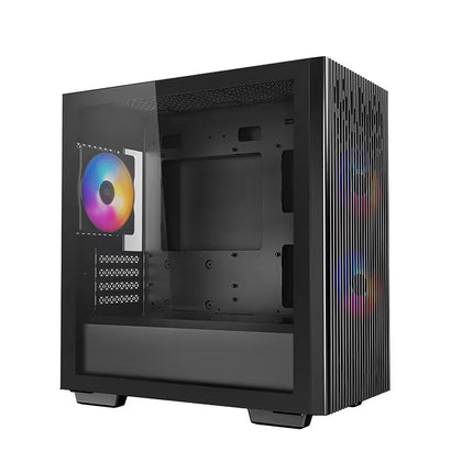 A black empty mid-tower PC case with a clear side panel, showing an internal fan with RGB rainbow lighting, on a solid white background.