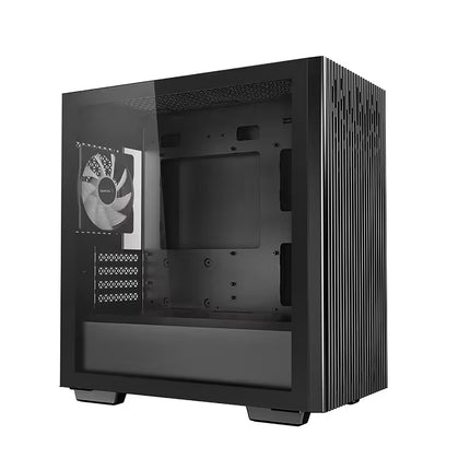 A black computer case with a side-panel glass window showing a fan inside, photographed on a plain white background.