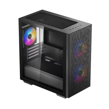 A black computer case with a side glass panel, featuring integrated vertical cooling fins on the right side and RGB rainbow fans visible through the transparent panels, shown on a plain white background.