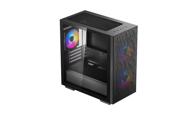 A black computer case with a side glass panel, featuring integrated vertical cooling fins on the right side and RGB rainbow fans visible through the transparent panels, shown on a plain white background.