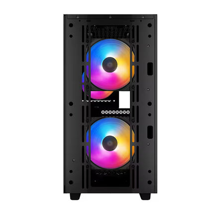 A black computer case with two vertically stacked RGB fans showing a vibrant rainbow color gradient, isolated on a white background.