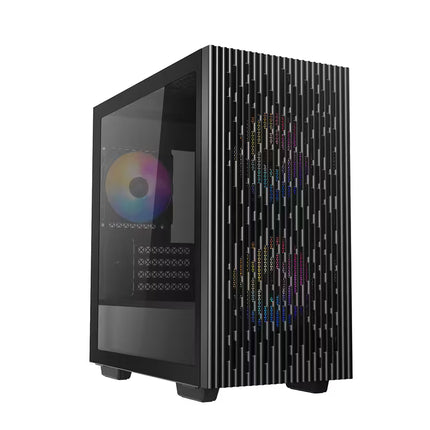 A black mid-tower computer case with a textured vertical stripe pattern on the front, a clear side glass panel showing a colorful internal fan, and RGB lighting accents, isolated on a white background.