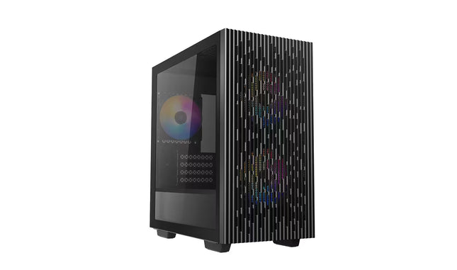 A black mid-tower computer case with a textured vertical stripe pattern on the front, a clear side glass panel showing a colorful internal fan, and RGB lighting accents, isolated on a white background.