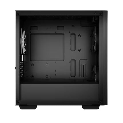 A black computer case shown from the rear three-quarter view, displaying the empty interior with mounting slots, cable management, and drive bayes against a solid white background.