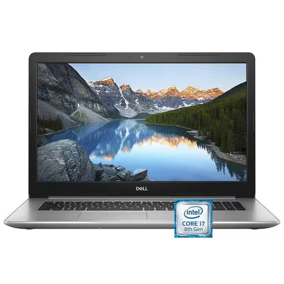 A silver Dell laptop with a black bezel, shown open against a white background. The screen displays a mountain lake landscape wallpaper, and an Intel Core i7 8th Gen sticker is placed in front of the lower right area of the laptop.