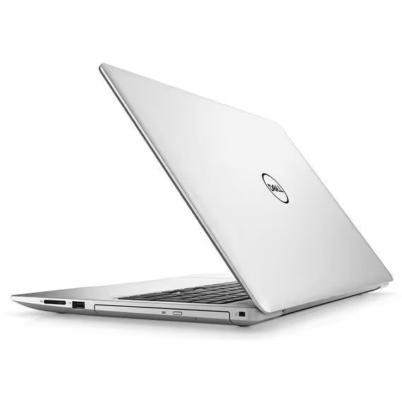 A silver Dell laptop shown open at an angle, displaying its metallic lid with the black Dell logo and a portion of the keyboard, set against a clean white background.