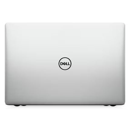 A closed silver Dell laptop shown from the back, featuring the black circular Dell logo in the center against a clean white background.