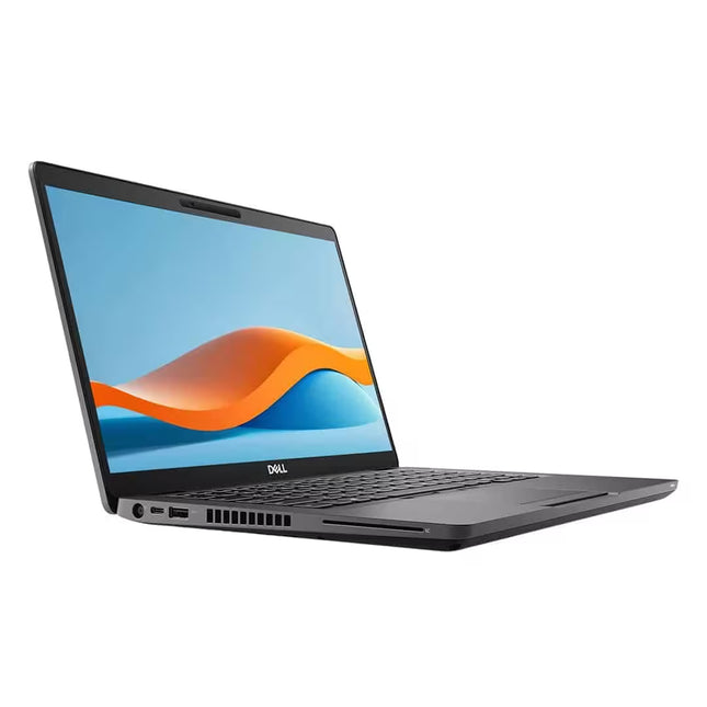 Dell Latitude 5400 laptop shown from a side angle, highlighting its slim design, keyboard, ports, and display.