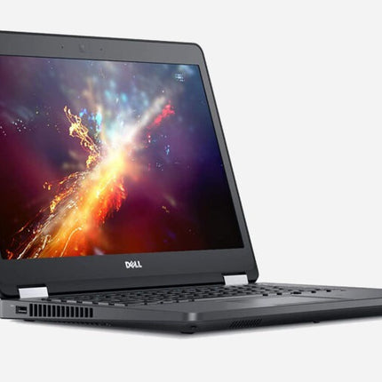 Laptop with a colorful space-themed wallpaper on a white background
