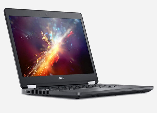 Laptop with a colorful space-themed wallpaper on a white background