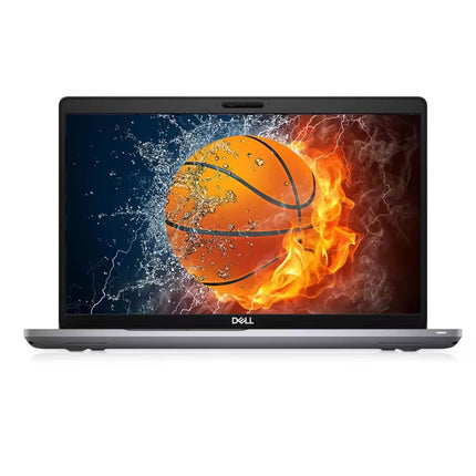 A front-facing view of a silver Dell Latitude laptop fully open, showcasing a vibrant display with a wallpaper featuring a basketball engulfed in flames and splashing water. The Dell logo is centered on the bottom bezel below the screen.