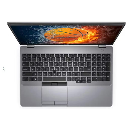 A top-down bird's-eye view of an open silver Dell Latitude laptop. The image shows the full QWERTY keyboard with a numeric keypad, a black tracking pointer point in the middle of the keyboard, and a large touchpad with two physical click buttons at the bottom.