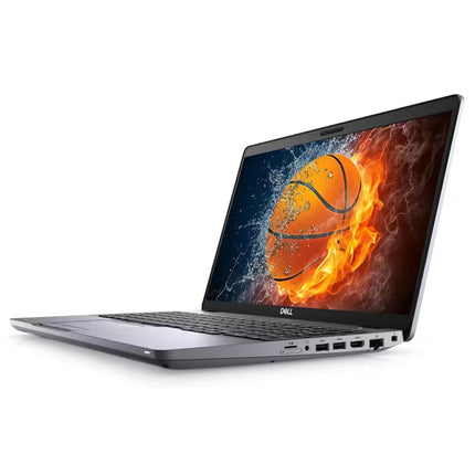 A three-quarter perspective view of a silver Dell Latitude laptop from the right side, showing its slim profile. The right side features various connectivity options, including a headphone jack, multiple USB ports, an HDMI port, and an Ethernet port.