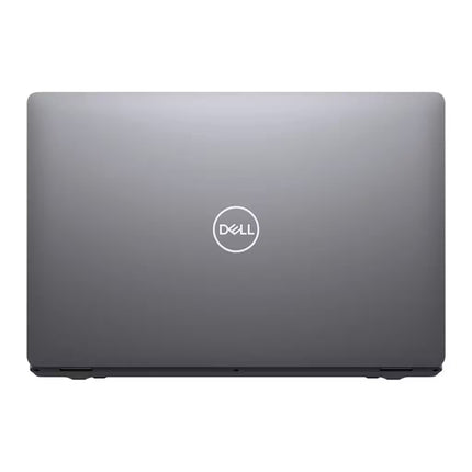 A top-down view of the closed lid of a silver Dell Latitude laptop. The smooth matte metallic surface features a prominent, circular silver Dell logo centered in the middle.