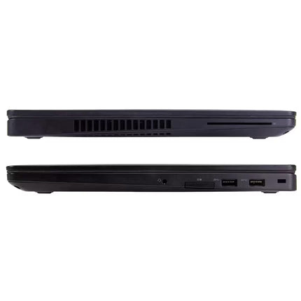 A black laptop shown from the side profile, displaying both the top edge with ventilation slots and the bottom edge with various port openings, set against a plain white background.