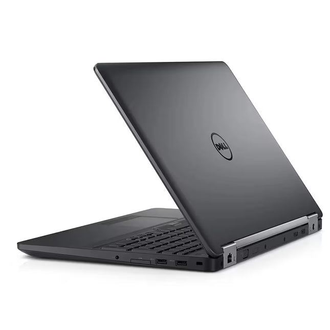 A black Dell laptop shown open at an angle, displaying its matte black lid with the silver Dell logo, keyboard, and side ports against a clean white background.