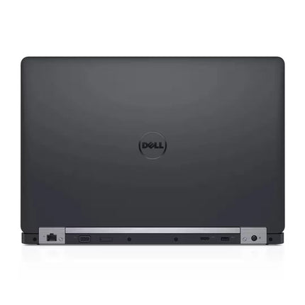 The back view of a closed Dell laptop, showing its matte dark gray chassis and various ports along the bottom edge, set against a plain white background.