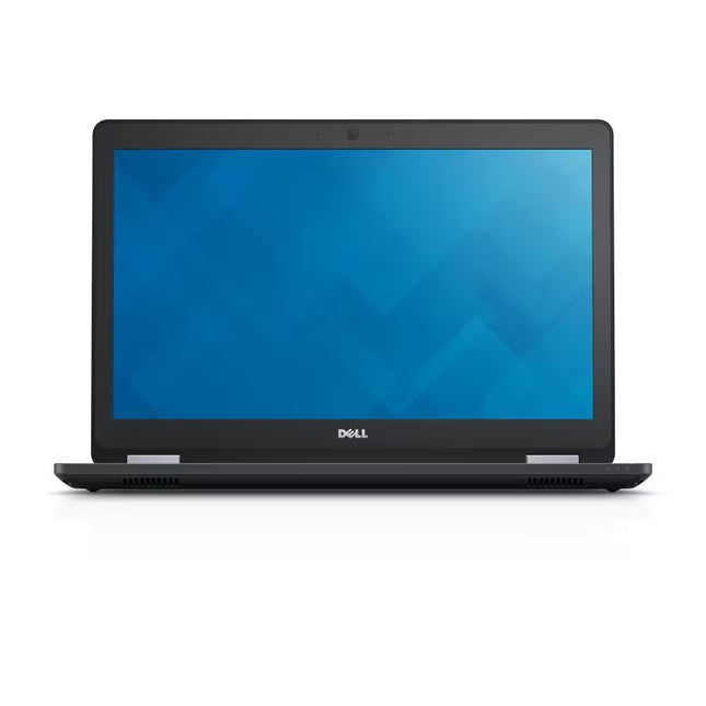 A black Dell laptop shown from the front on a clean white background, with its screen turned on and displaying a blue geometric wallpaper.