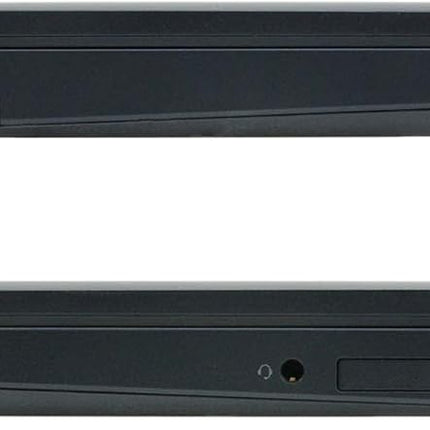 Two views of a black laptop showing ports and design details.