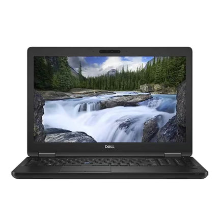 Front view of a black Dell Latitude laptop open at a 90-degree angle, showcasing a 15.6-inch screen with a scenic waterfall wallpaper, a full-sized keyboard with a numeric keypad, and a centered trackpad.