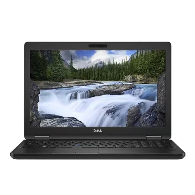 Front view of a black Dell Latitude laptop open at a 90-degree angle, showcasing a 15.6-inch screen with a scenic waterfall wallpaper, a full-sized keyboard with a numeric keypad, and a centered trackpad.